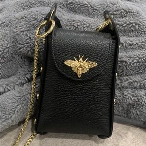 Black Leather Crossbody Bag with Gold Bee Accent